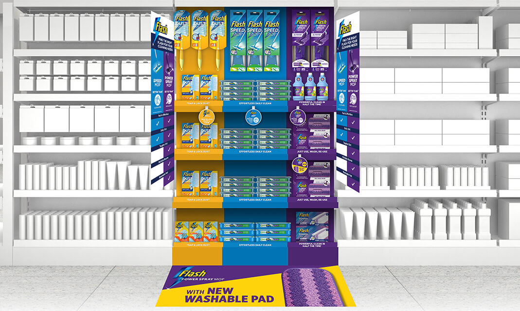 A 3D render of the instore fixture for Flash Power Mop Spray